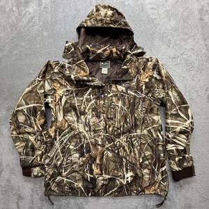 Drake Jacket Mens Large Brown Camo Hooded 1/2 Zip Hunting Windbreaker Waterfowl
